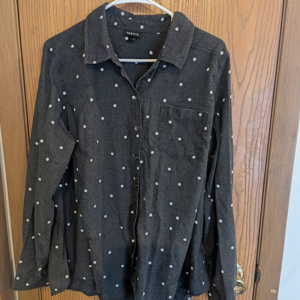 Torrid Button Down Collared Polka Dot Blouse Navy-1 (1X)